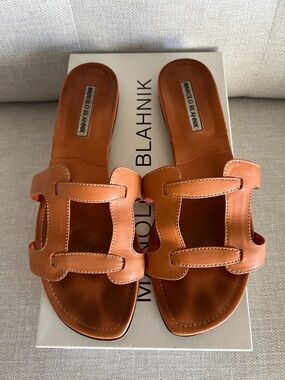 Manolo Blahnik Cognac Leather Slide Sandals